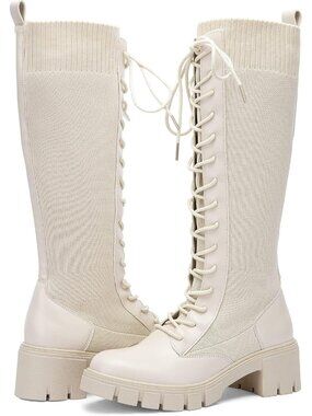 Women's Beige Round Toe Lace Up Platform Chunky Heel Knee High Boots